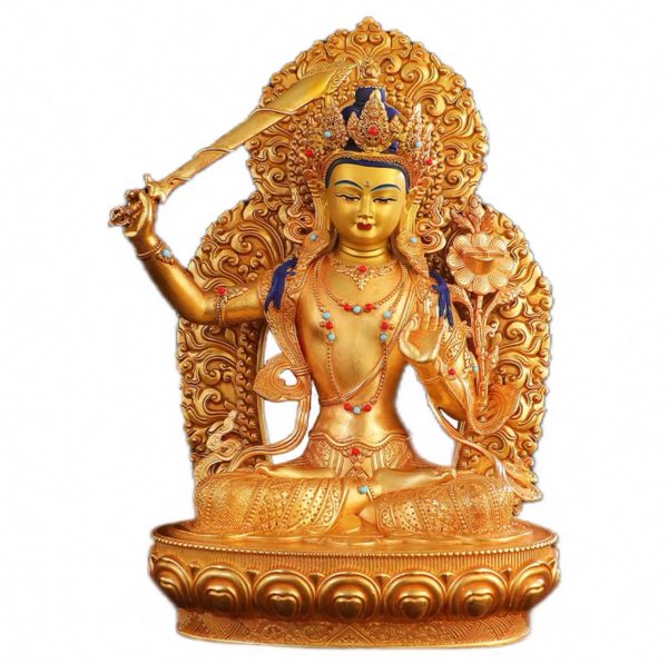 藏传密宗鎏金背光文殊菩萨