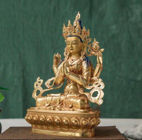 藏传四臂观音菩萨佛像密宗纯铜铜像鎏金