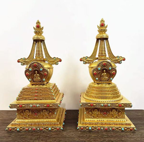藏传尼泊尔密宗全鎏金纯铜舍利塔摆件加厚藏式佛塔方塔精工款