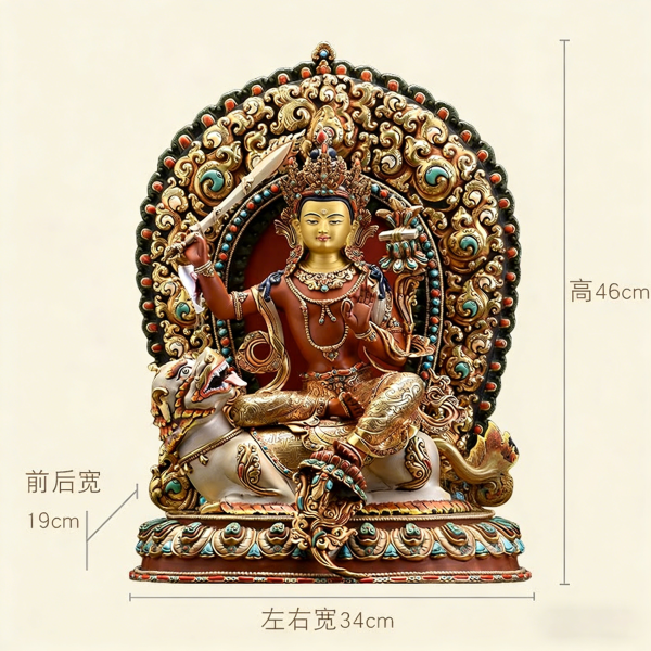 释迦族工艺彩绘骑狮文殊菩萨佛像坐像尼泊尔进口手工铜像