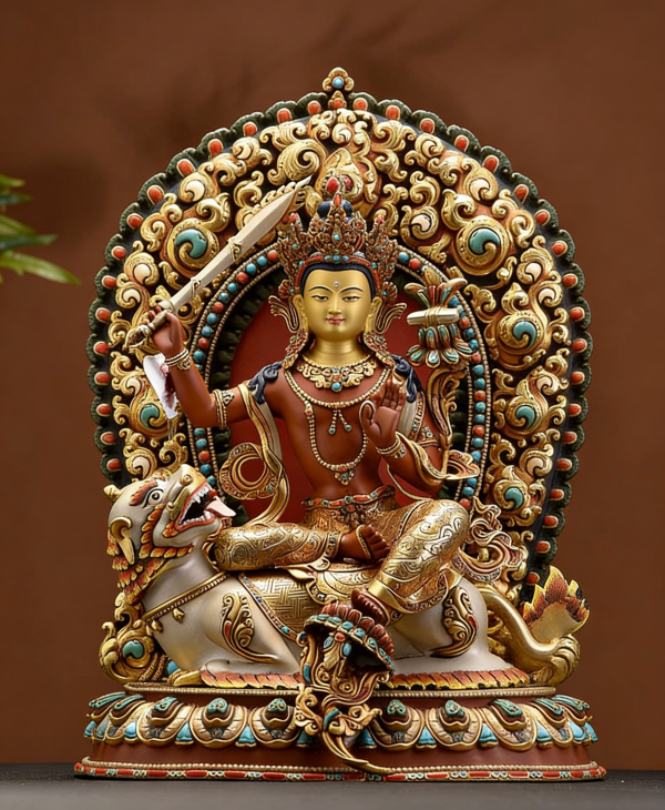 释迦族工艺彩绘骑狮文殊菩萨佛像坐像尼泊尔进口手工铜像