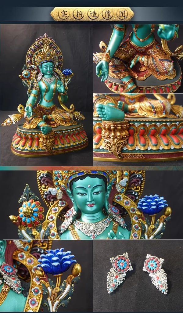 尼泊尔西藏工艺 藏传密宗彩绘绿度母纯铜手工錾刻