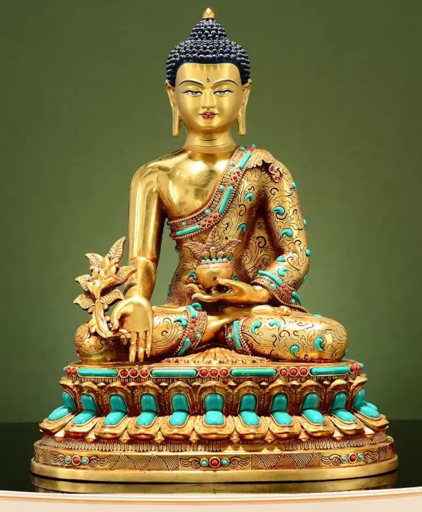 藏传彩珠镶嵌《药师佛》室内家用全鎏金铜佛像摆件