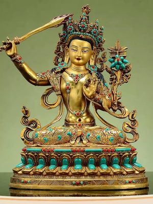 O1CN01a4JX5f1LC2omNL6Kn_!!152211262 藏传宝石镶嵌《文殊菩萨》松石彩珠《文殊师利》桌面铜佛像