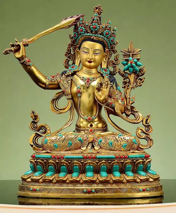 藏传宝石镶嵌《文殊菩萨》松石彩珠《文殊师利》桌面铜佛像