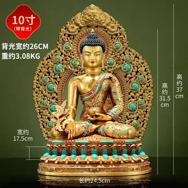 藏传彩珠镶嵌《药师佛》室内家用全鎏金铜佛像摆件