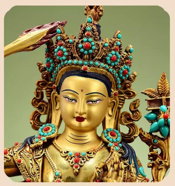 藏传宝石镶嵌《文殊菩萨》松石彩珠《文殊师利》桌面铜佛像