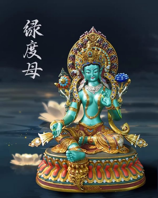 尼泊尔西藏工艺 藏传密宗彩绘绿度母纯铜手工錾刻