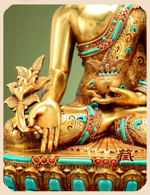 藏传彩珠镶嵌《药师佛》室内家用全鎏金铜佛像摆件