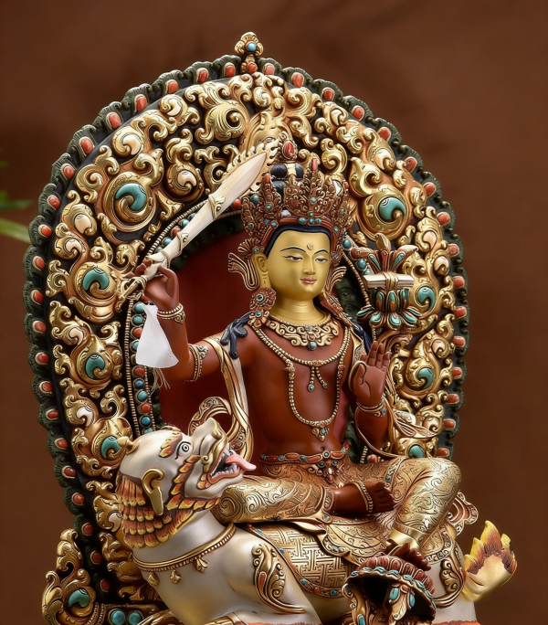 释迦族工艺彩绘骑狮文殊菩萨佛像坐像尼泊尔进口手工铜像